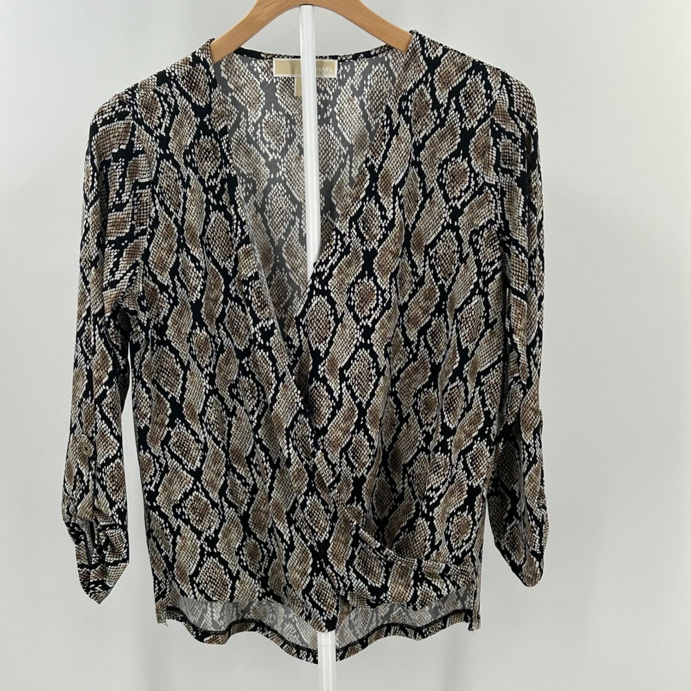 Michael Kors Snake Print Faux Wrap Top Womens M Stretch Animal Print Blouse